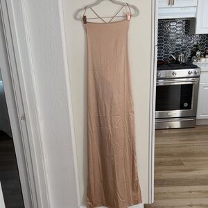Open Edit Satin Slip Maxi Dress in Nude with Strappy Back and side slits | L